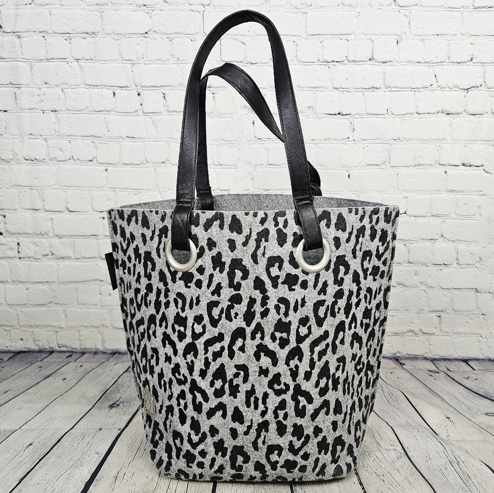 SPANNER | large felt leopard print tote bag
